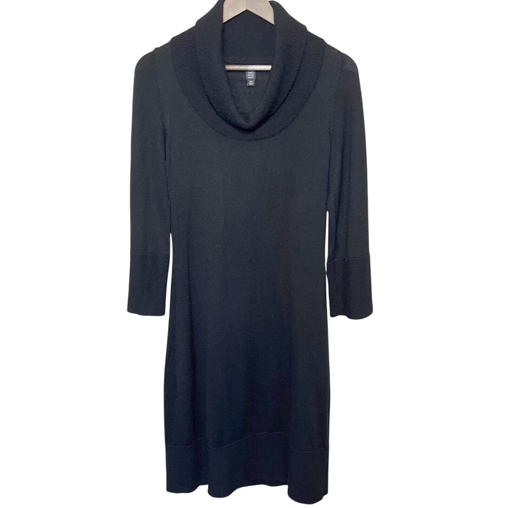 Saks Fifth Avenue XS Black Merino Wool Blend Sweater Dress Cowl Neck Wide Sleeve